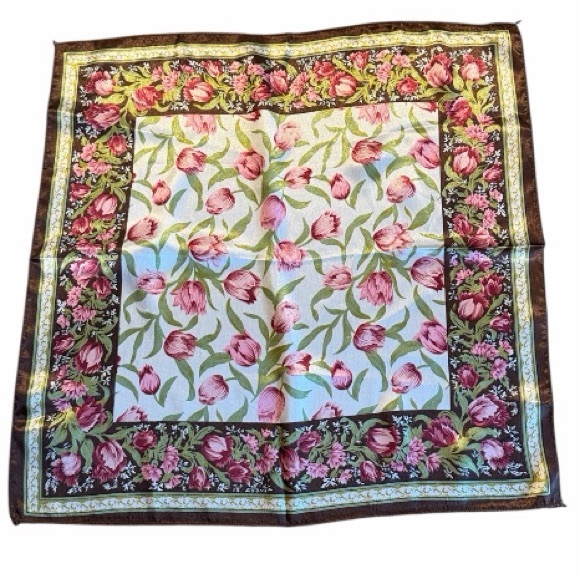 Vintage Accessories - Vintage Scarf Floral Tulips Brown Pink Satiny Green 21” Square